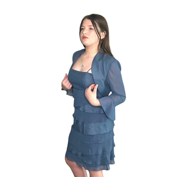 SL Fashions Formal DRESS 2+ CROP JACKET 6P Blue Tiered Beaded Ruffled Mob Wife - Picture 6 of 10